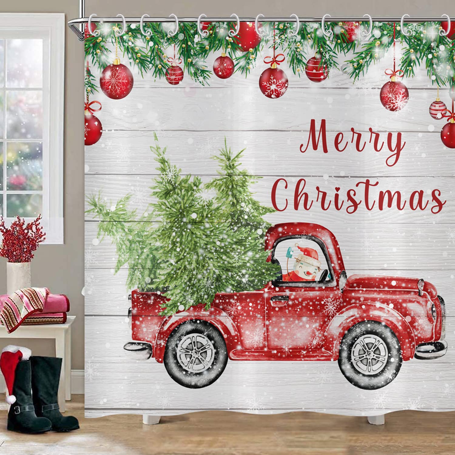 ASDCXZ Christmas Shower Curtain 180 x 200 cm, Retro Wood Grain Red Truck Snowman Christmas Tree Bathroom Washable Shower Curtains Polyester Textile