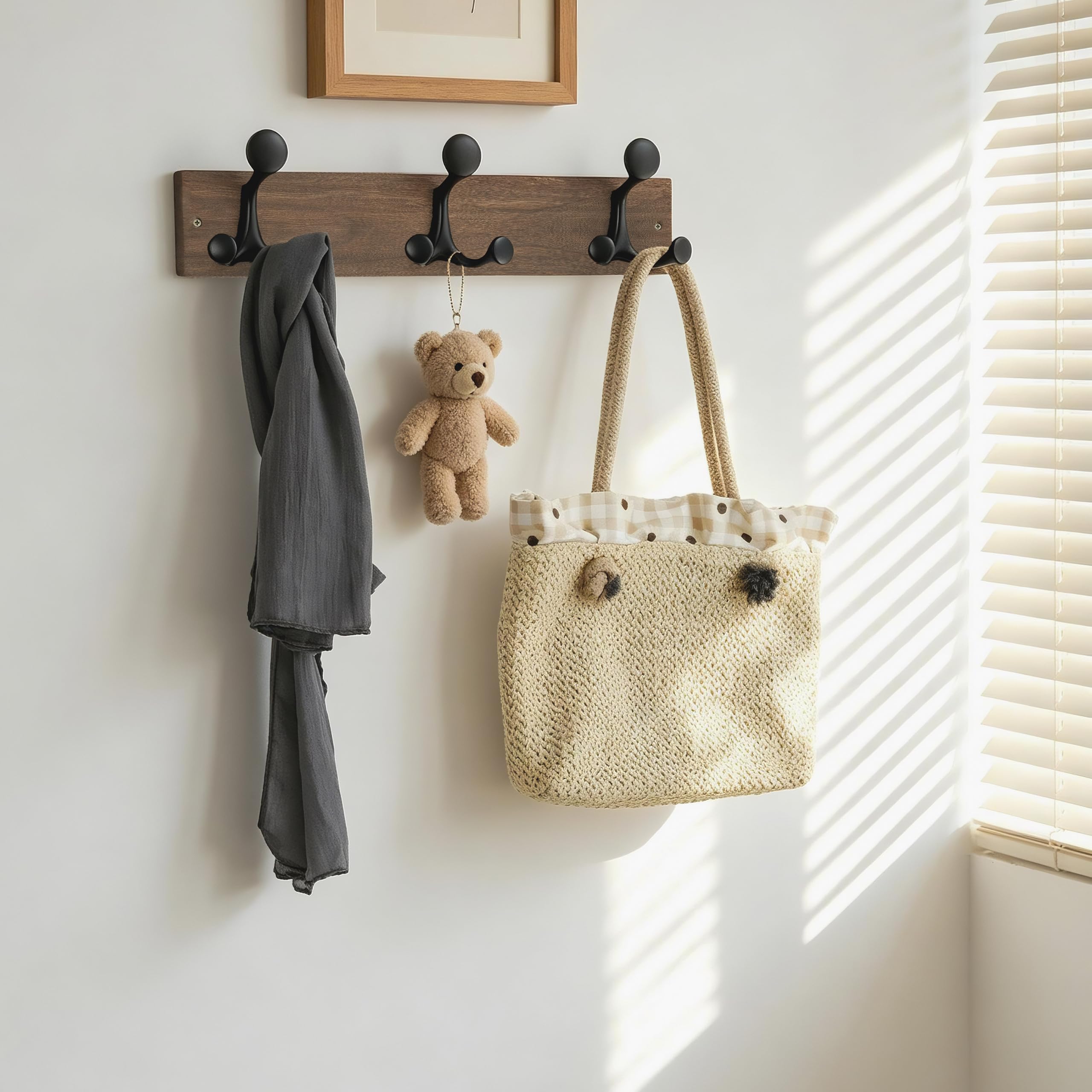 HONSKY Wall Mounted Coat Rack, 43cm Paulownia Wood Backboard, 3 Sturdy Black Aluminium Alloy Triple Hooks (9 Hanging Points)