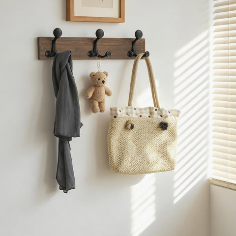 HONSKY Wall Mounted Coat Rack, 43cm Paulownia Wood Backboard, 3 Sturdy Black Aluminium Alloy Triple Hooks (9 Hanging Points)