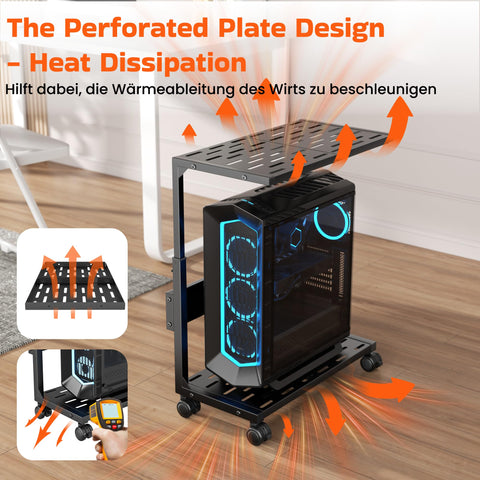 Aquzee PC Stand, Adjustable Computer Tower Stand, Black Heavy Duty Metal Under Desk CPU Floor Stand on Wheels, PC Case Trolley for Carpet