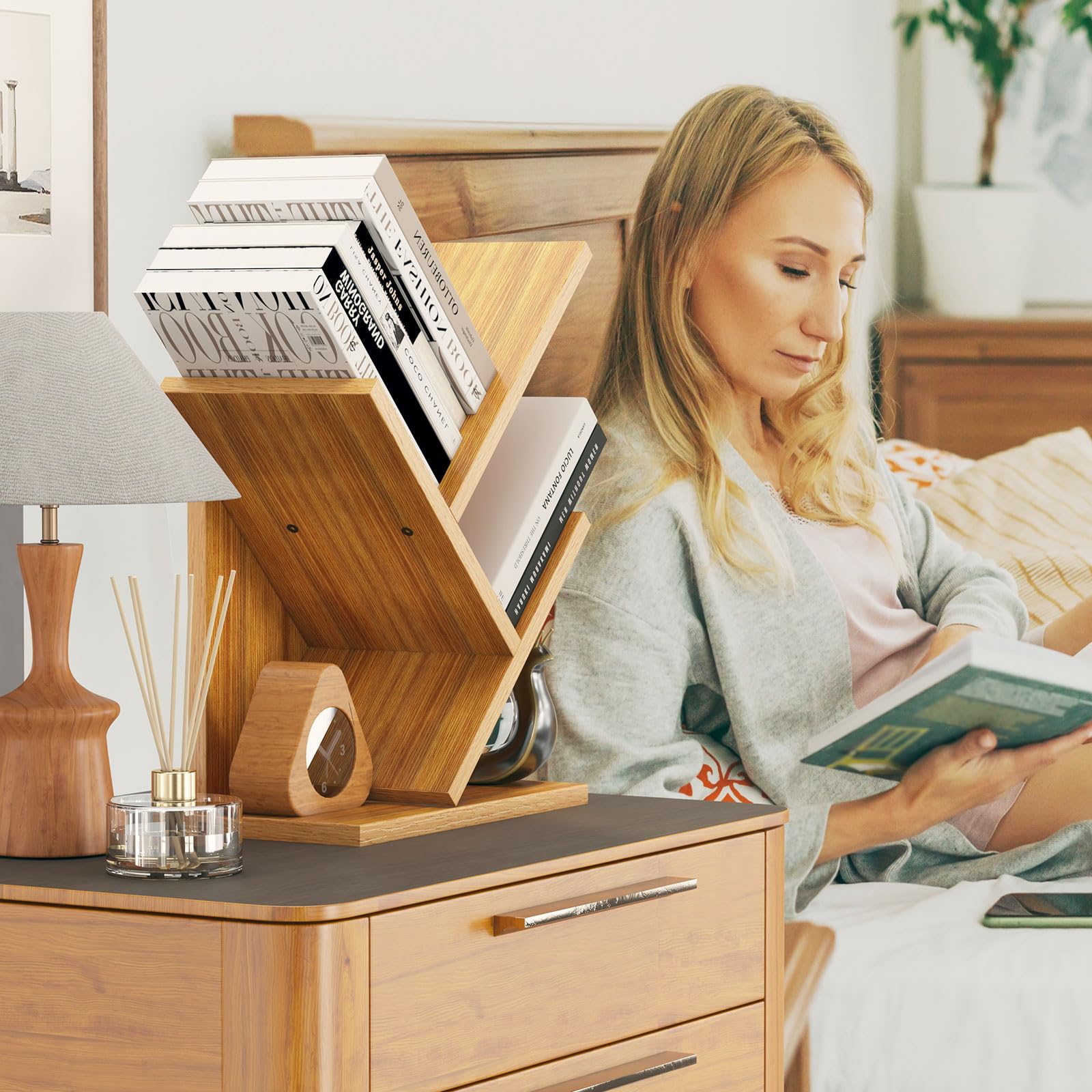 YMYNY 2 Tier Tree Bookshelf, Small Bookcase, Modern Wood Book Storage Rack Organizer, Freestanding Book Shelf for Books/Movies/CDs