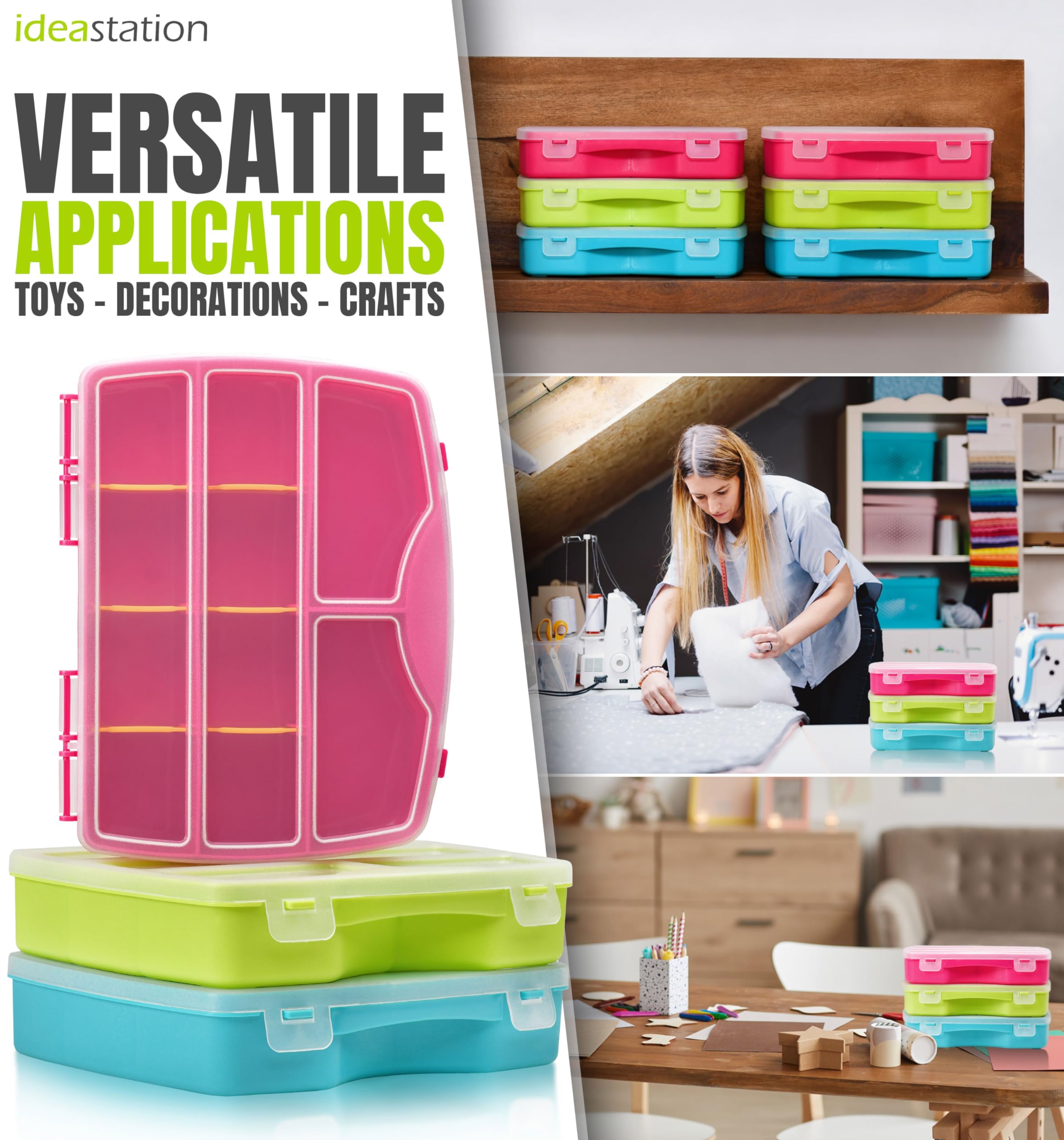 idea-station organiser box set 3 pieces, 19 x 15 cm, coloured, adjustable compartments, tool box, storage box, assortment box, screw case, boxes