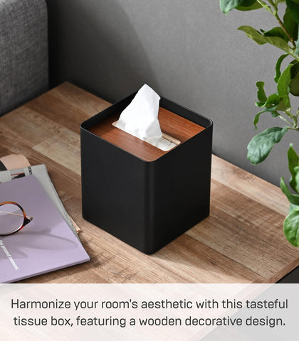 Yamazaki Home Rin Reusable Tissue Box Cover Metal Holder Container Case with Natural Wooden Lid - Steel