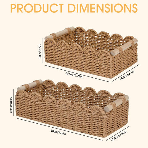 Storage Baskets Set of 2, Woven Wicker Hamper Basket with Handles, Scalloped Edge Rope Toilet Paper Tray, Organizer Bins for Bathroom, Shelf, Kitchen