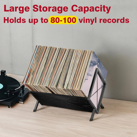GHWMYD Vinyl Record Stand for 80-100 LPs, Metal Record Storage with Non-Slip Separator Clamp, Record Shelf Easy to Assemble, Black