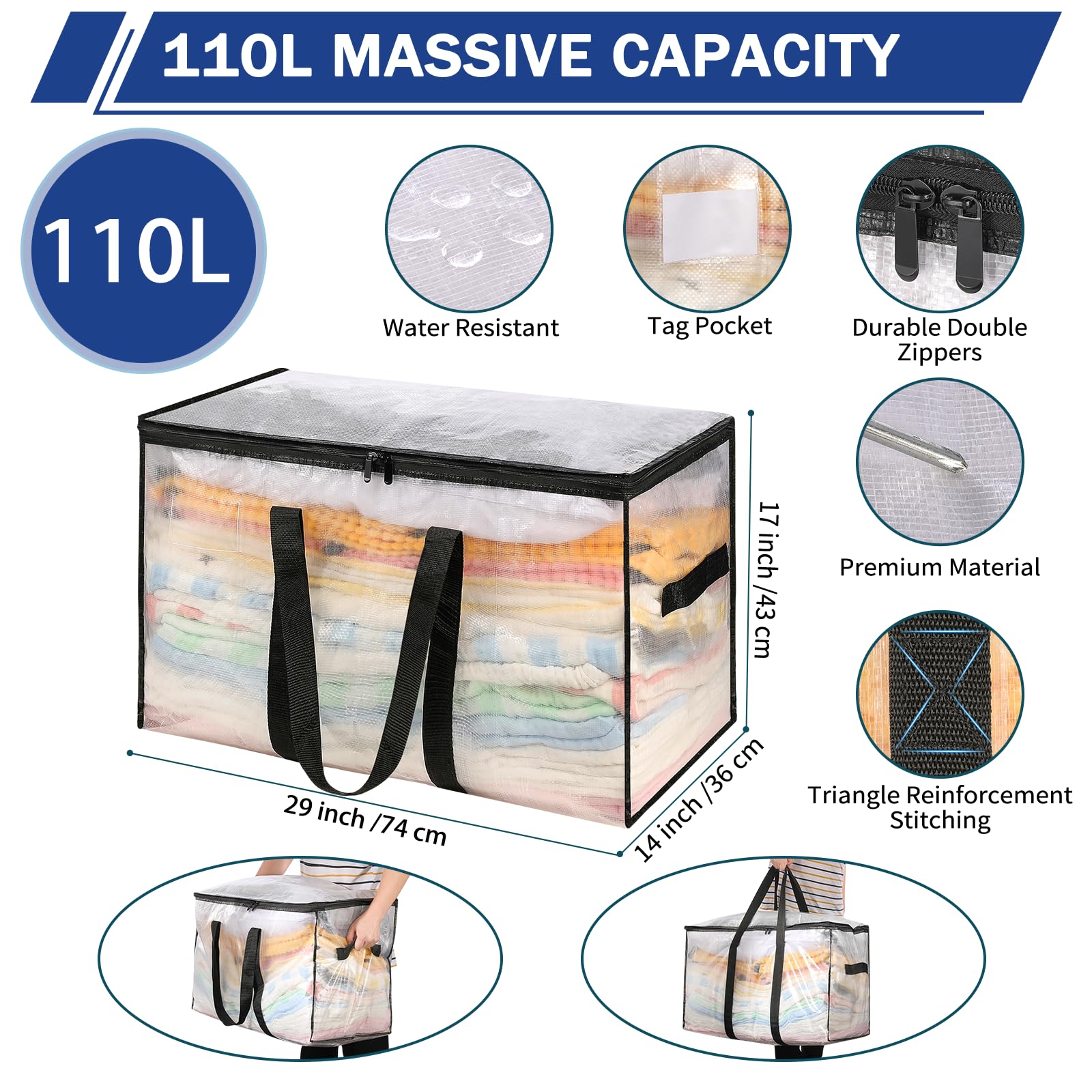 Uhogo 110L Heavy Duty Moving Bags 3 Pack, Extra Large Storage Totes with Reinforced Handles & Strong Zips