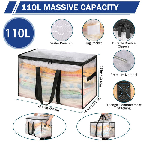 Uhogo 110L Heavy Duty Moving Bags 3 Pack, Extra Large Storage Totes with Reinforced Handles & Strong Zips