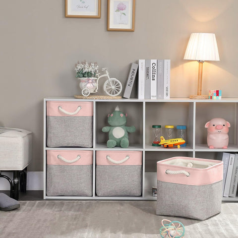 Mangata Fabric Storage Baskets,33 x 38 x 33cm Large Foldable Storage Boxes for Organizing Clothes Shelf Nursery Closet(Grey/Pink, Set of 4)