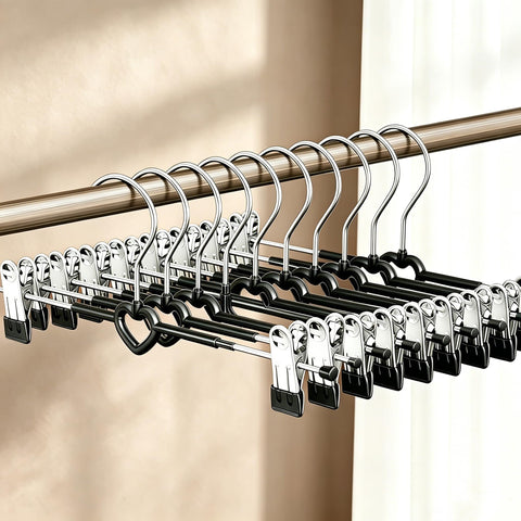 10 Pack Trouser Hangers with Clips |Space Saving Chrome Metal Adult Skirt & Coat Hangers|Strong Clothes Hangers for Trousers Bottoms Jeans Slacks