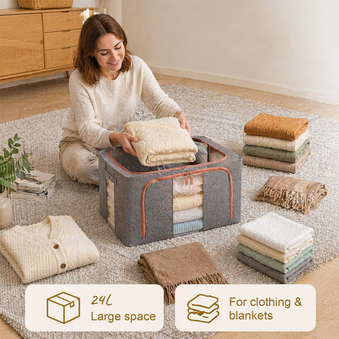 2 Pack Smart Space Storage Boxes,24L Clothes Organiser with Double Opening Zip and Clear Window Sided Zip Top Lid,Foldable Oxford Cloth Box with