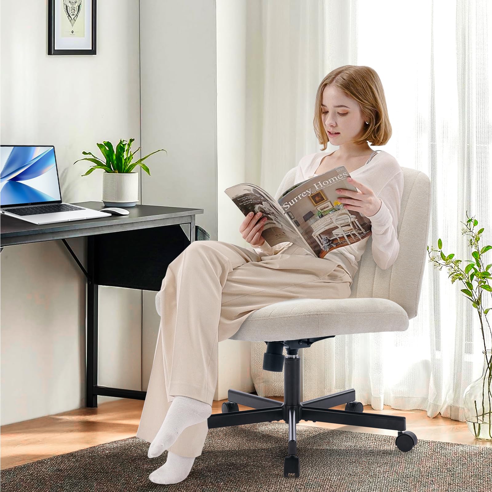 COLAMY Wide Office Chair, Padded Armless Task Vanity Chair Swivel Home Office 115°Rocking Mid Back Ergonomic Computer Chair for Home Working, Make Up