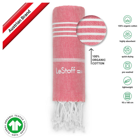 LeStoff 2 Hammam Towels/Beach Towels, 100% Organic Cotton, 95x180, Navy/Red