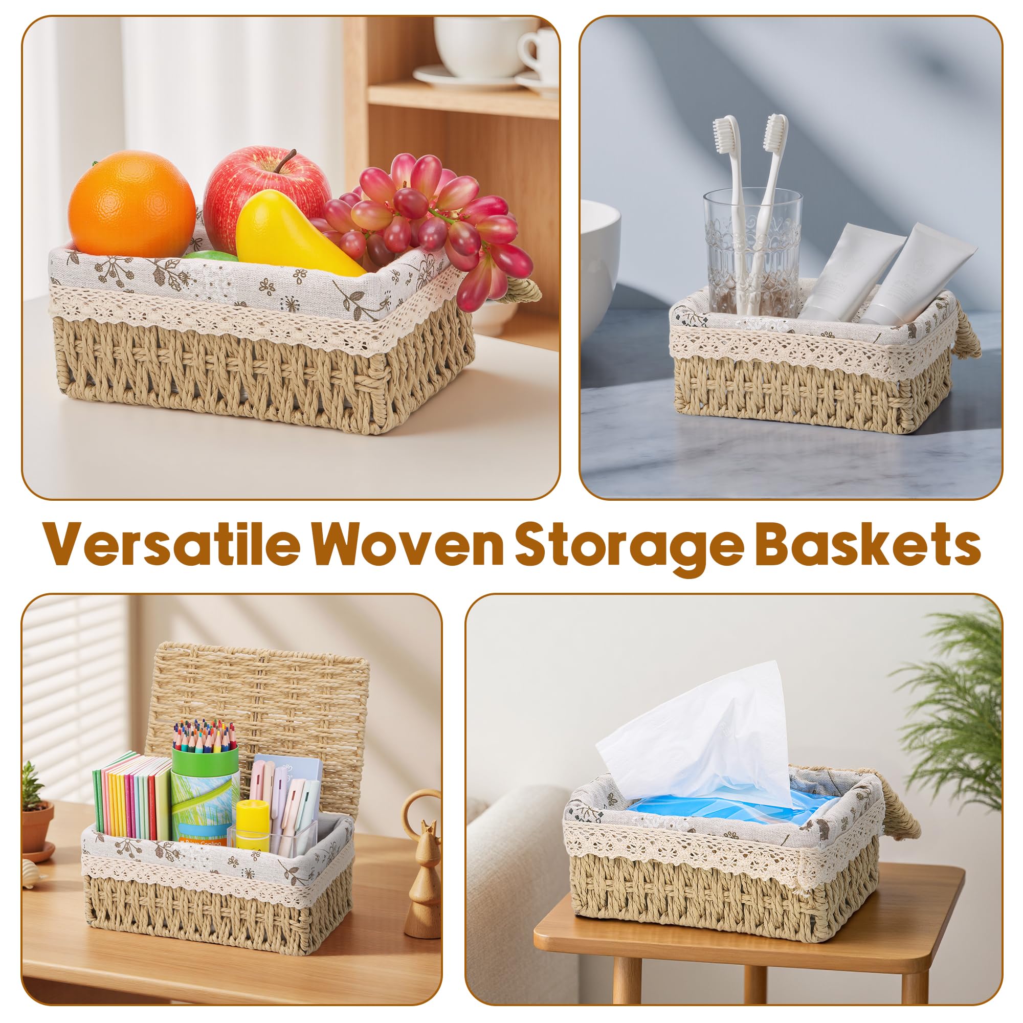 3pcs Woven Storage Baskets with Lids, Decorative Storage Boxes, Space-Saving Wicker Basket for Shelves, Paper Rope Basket Bedroom Storage Solutions