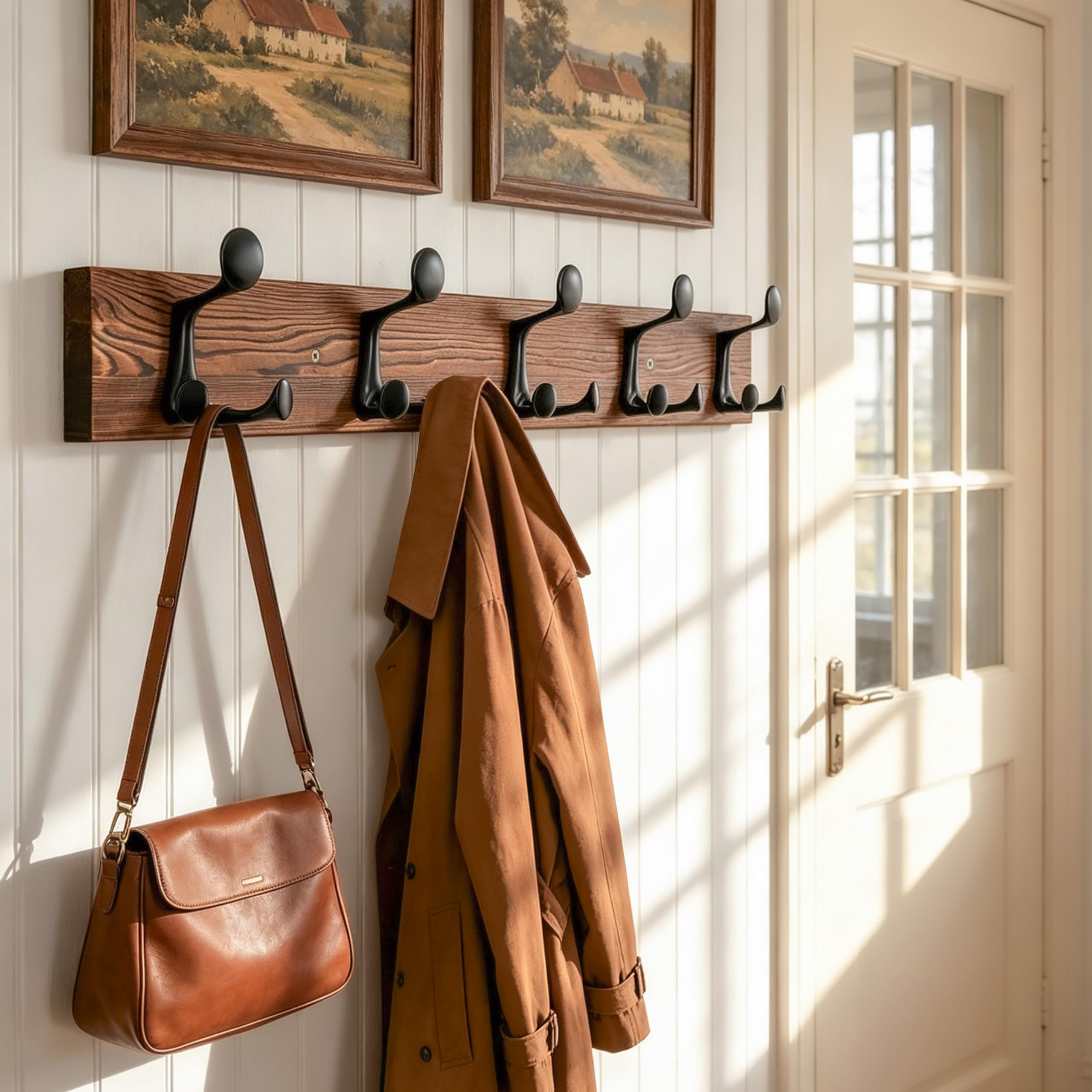 HONSKY Wall Mounted Coat Rack, 76cm Rustic Brown, 5 Black Sturdy Aluminium Alloy Triple Hooks(15 Hanging Points), Wall Coat Hanger for Entrance Hall