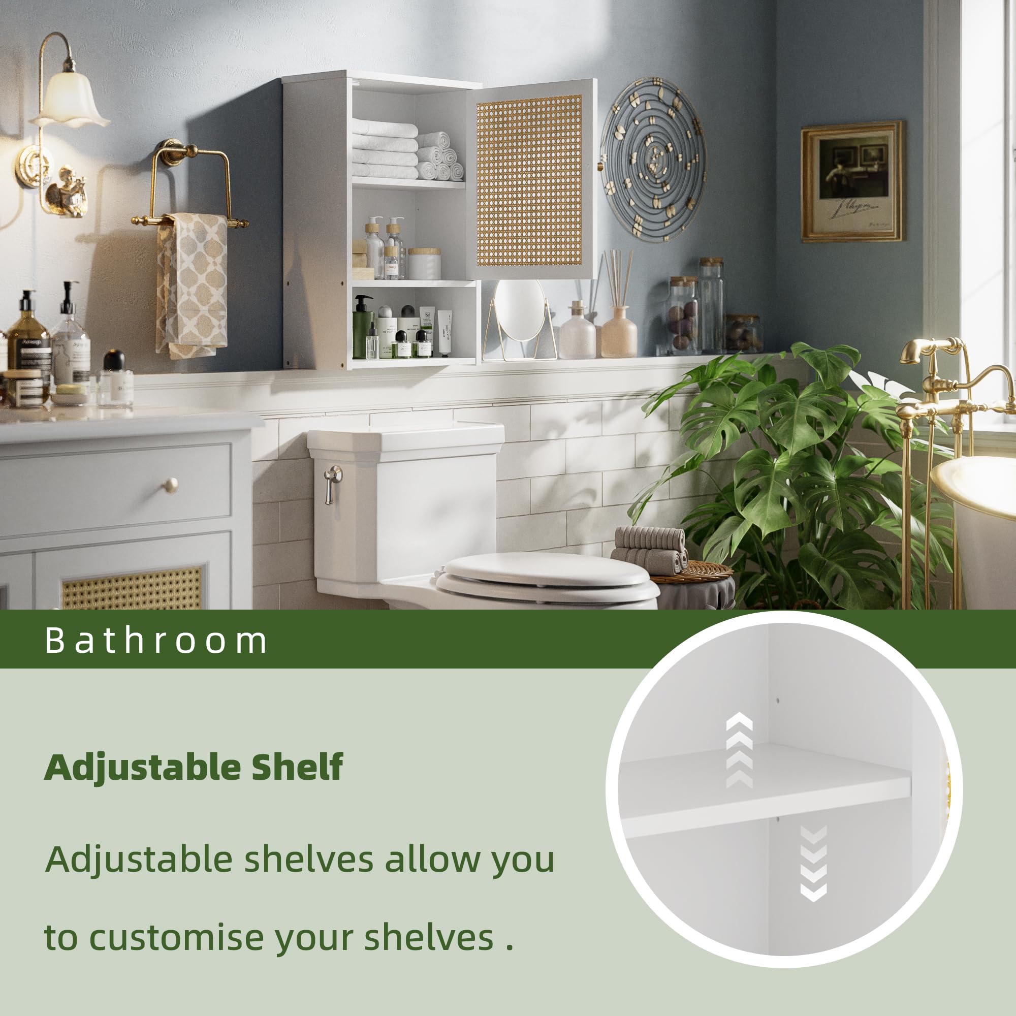 vovala Bathroom Wall Cabinet, Bamboo Over-The-Toilet Storage Organizer with Rattan Doors and Adjustable Shelf