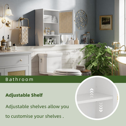 vovala Bathroom Wall Cabinet, Bamboo Over-The-Toilet Storage Organizer with Rattan Doors and Adjustable Shelf