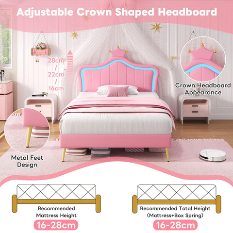 Merax 3FT Single Upholstered Bed Frame with LED Crown Shape Adjustable Headboard, PU Leather Platform Bed with Solid Wood Slats, Sturdy Metal Support
