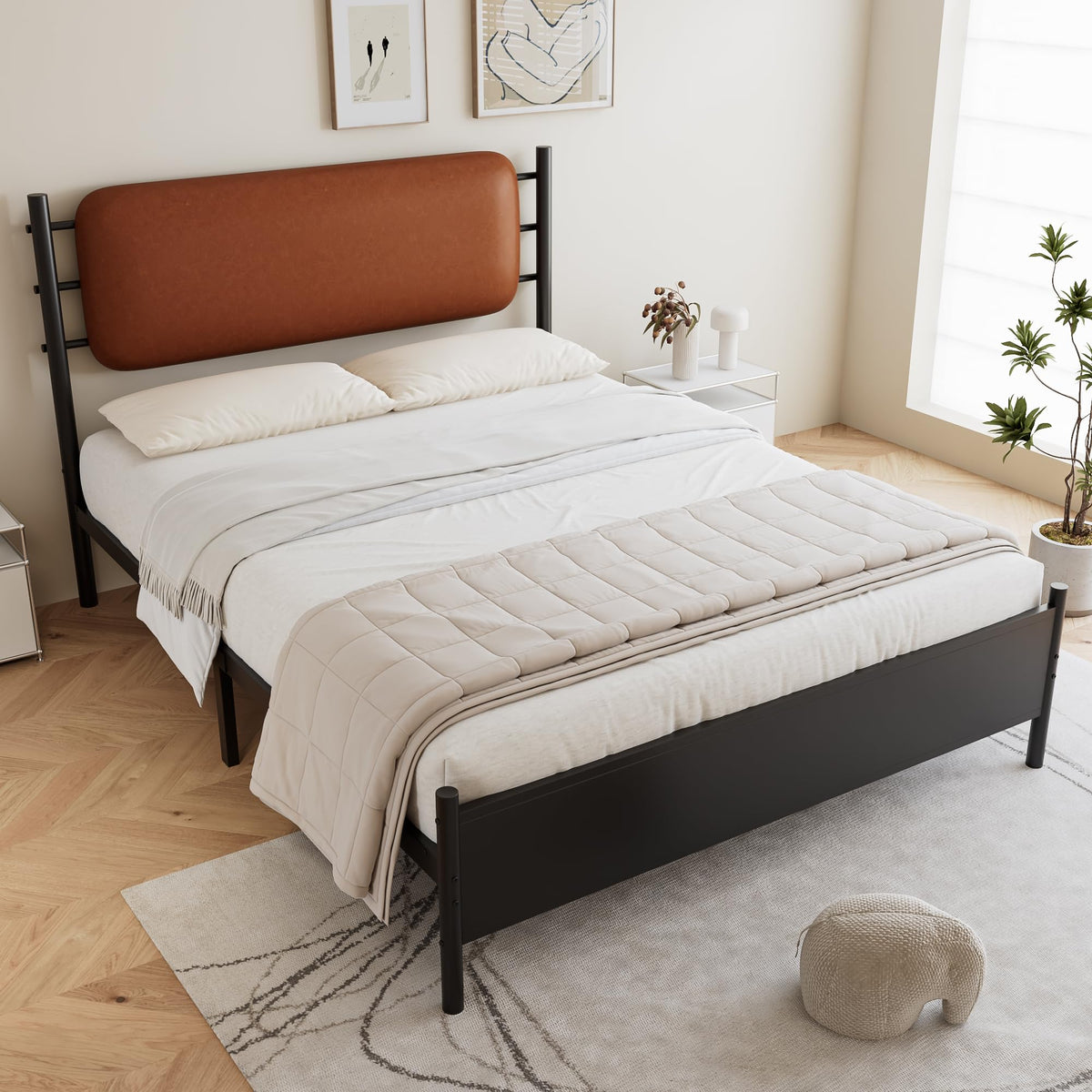 Merax 4ft6 Double Metal Bed with PU Upholstered Headboard – Wrought Iron Frame, 135x190cm, Durable & Sturdy, Comfortable Youth Bed for Teens & Adults