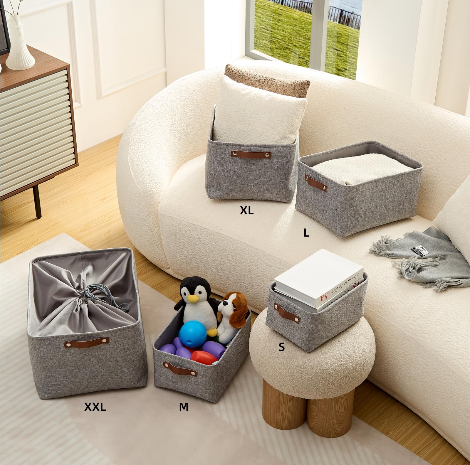 Mangata Set of 3 Fabric Storage Boxes, Medium Collapsible Storage Basket for Books, Baby Toys, Clothes (Medium, Grey)