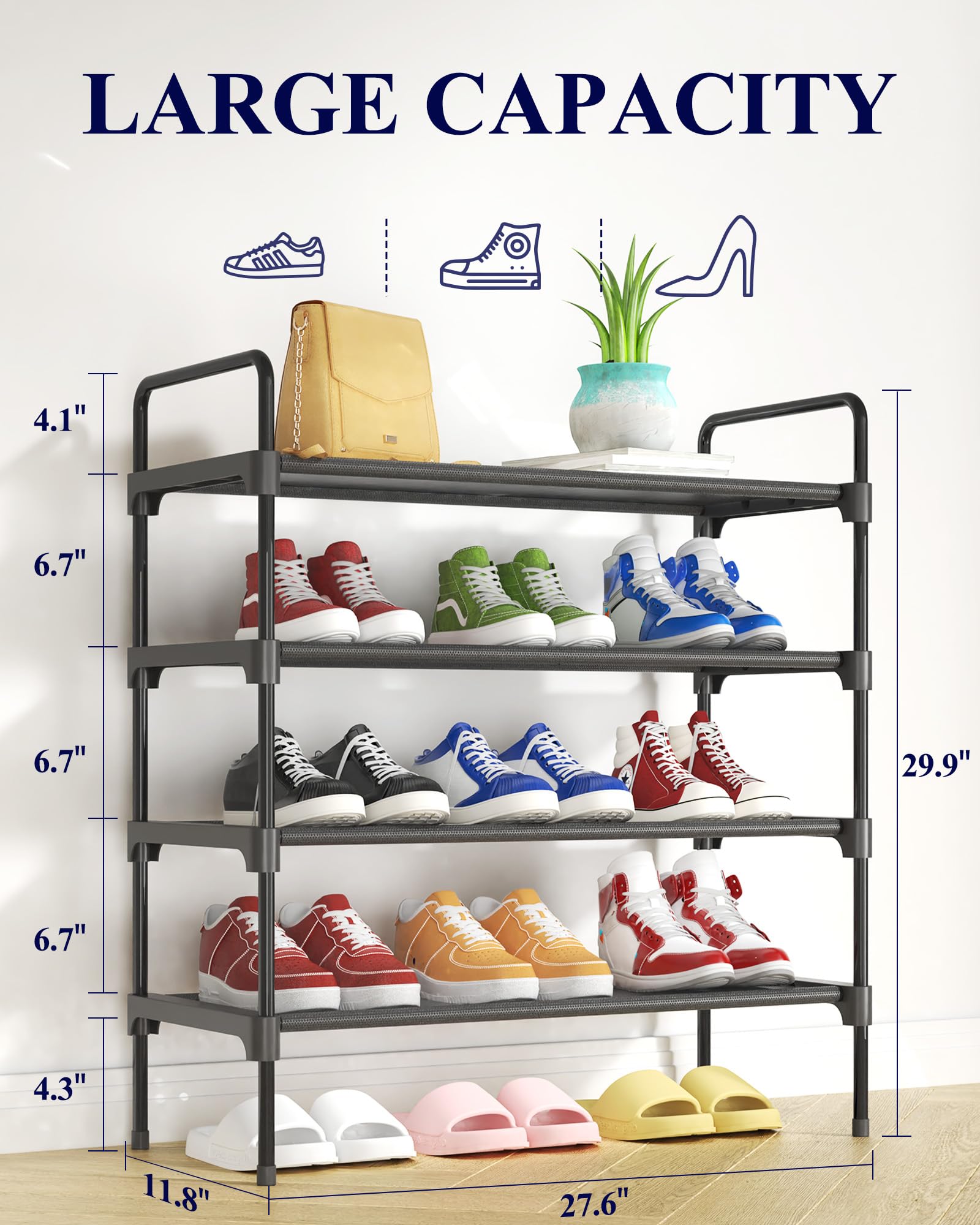 Kitsure Space-Saving Shoe Rack for Closet, 70.0 cm Wide - 4 Tiers, Black