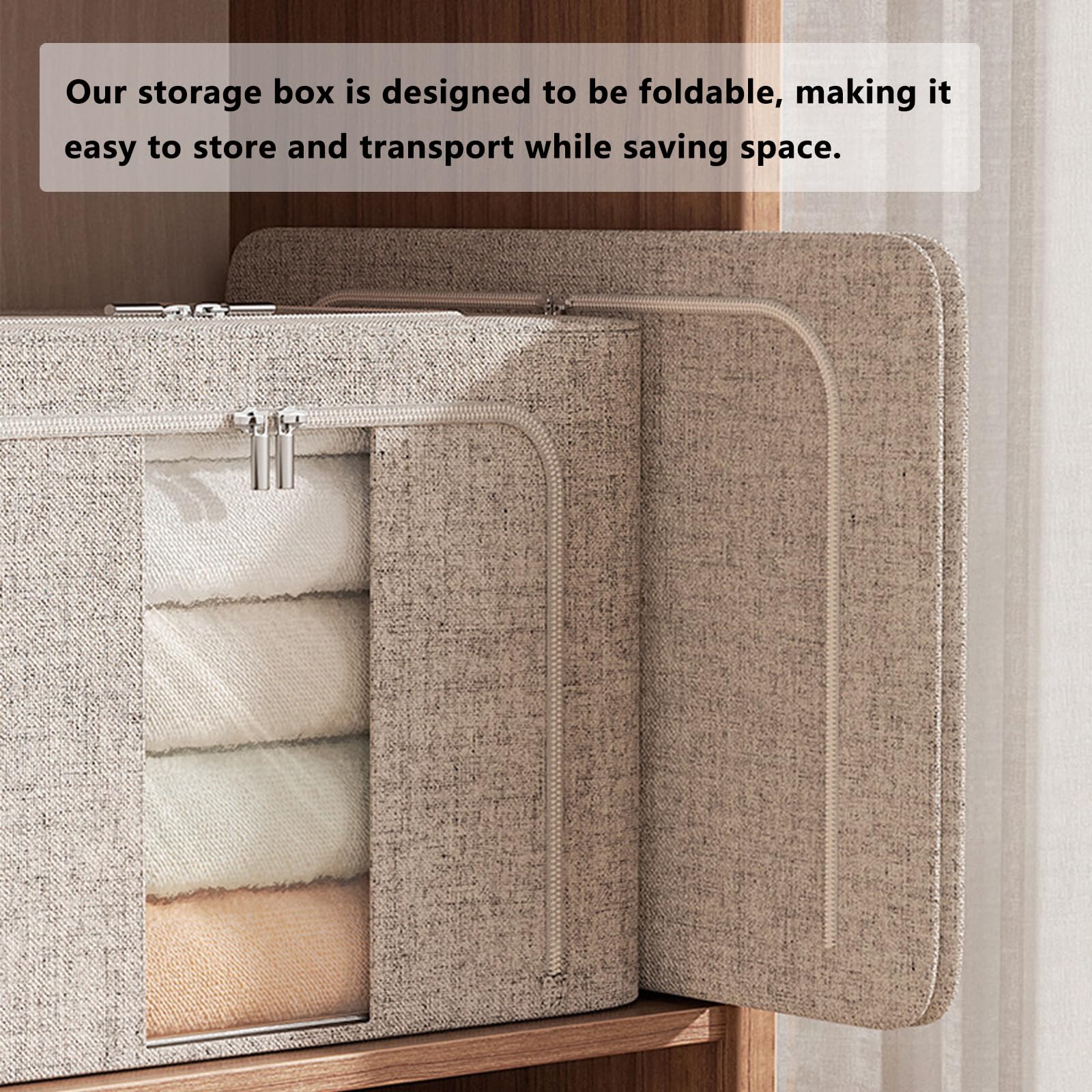 FYTXSZ Clothes Storage Boxes 66L with Metal Frame, Foldable Fabric Storage Bins with Lid and Clear Window