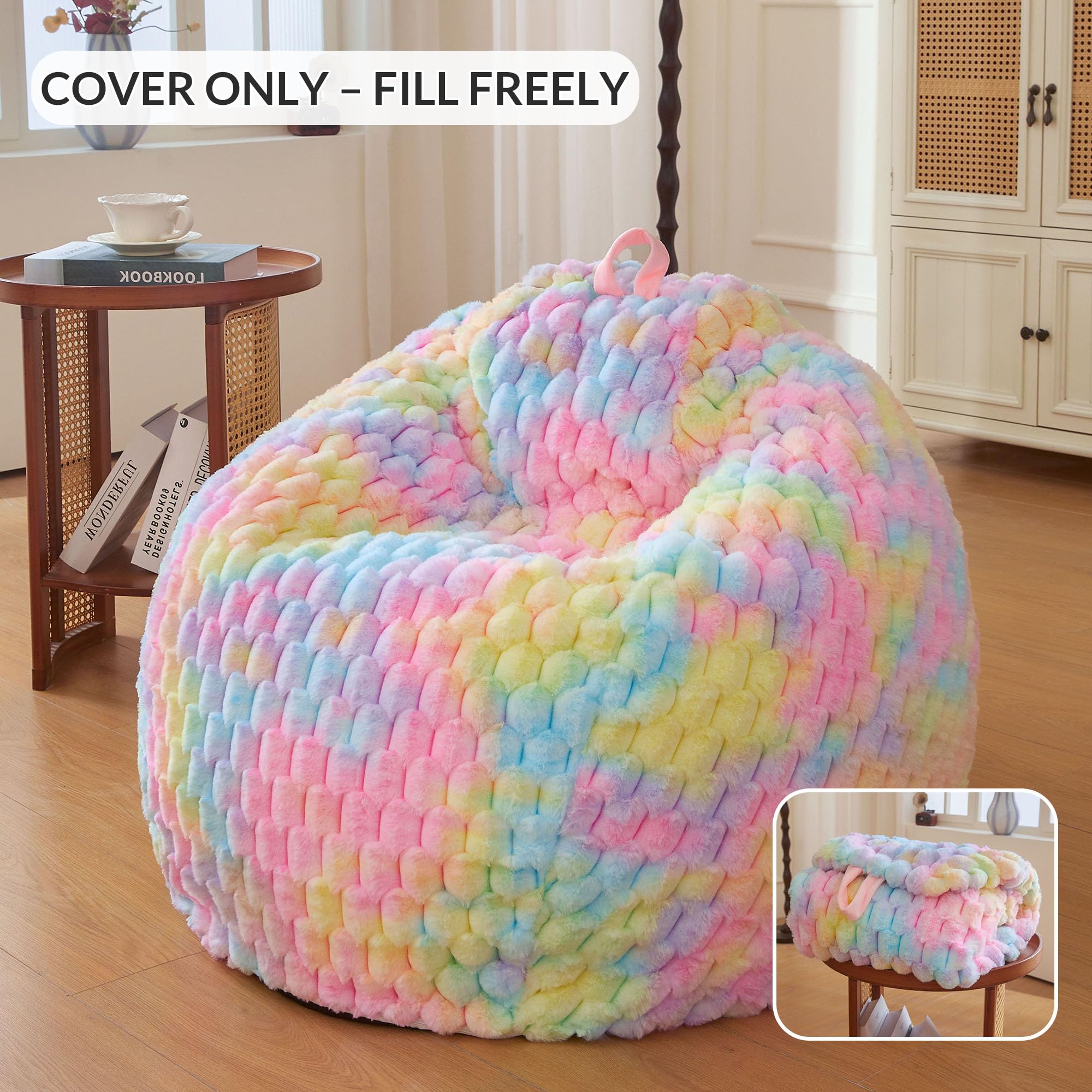 XeGe 3D Bubble Fluffy Faux Rabbit Fur Bean Bag Cover(No Filler), Rainbow