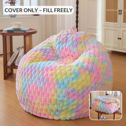 XeGe 3D Bubble Fluffy Faux Rabbit Fur Bean Bag Cover(No Filler), Rainbow