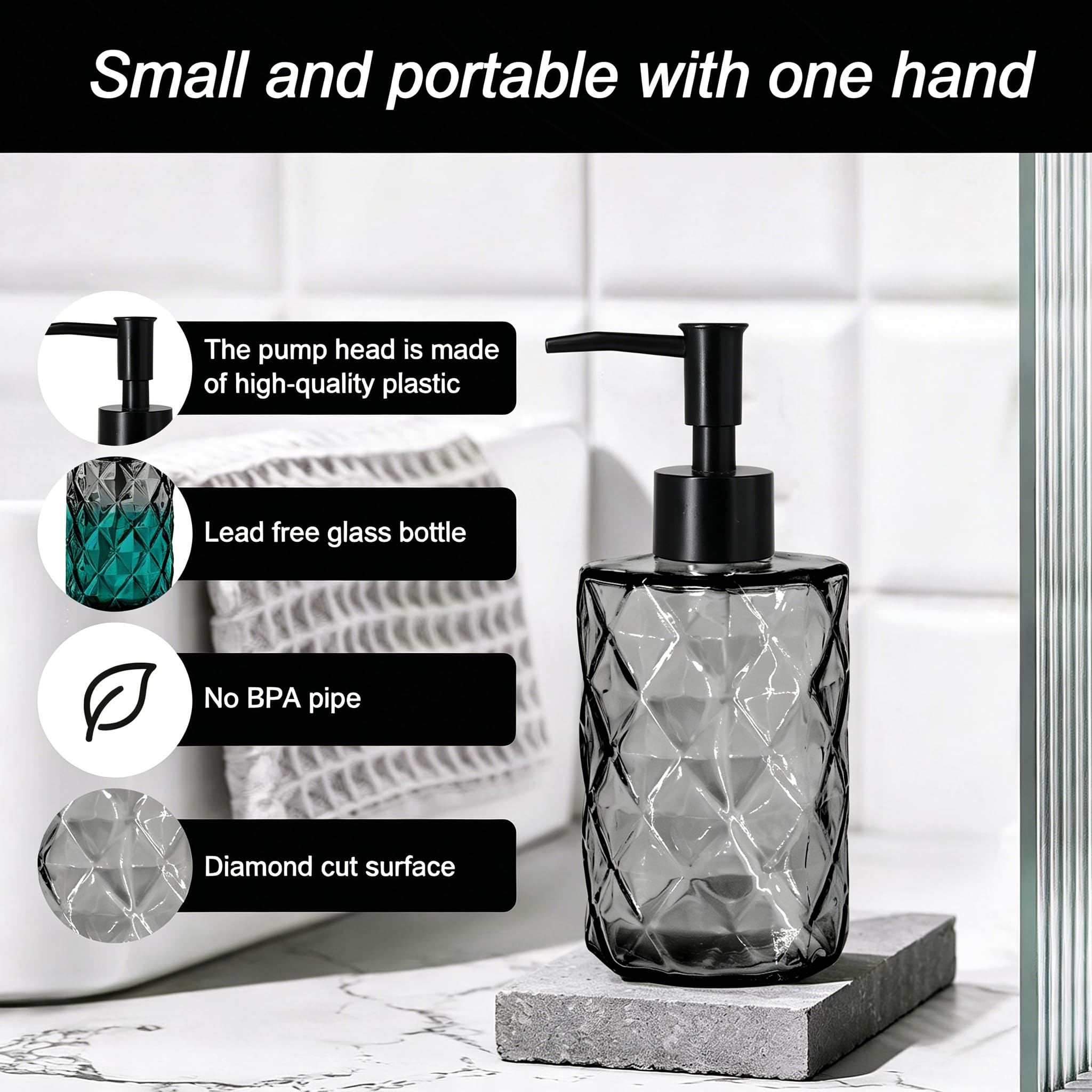 Glass Soap Dispenser, 330ml Refillable Glass Bottle with Rust-Proof Plastic Pump Head for Bathroom, Mordern Design