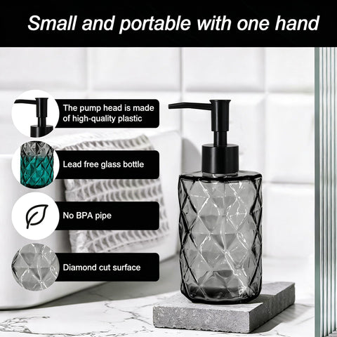 Glass Soap Dispenser, 330ml Refillable Glass Bottle with Rust-Proof Plastic Pump Head for Bathroom, Mordern Design