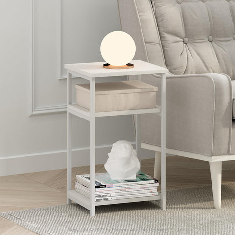 Furinno JUST Side Table Set of 2, 3-Tier Metal Frame End Table with Open Shelf, Night Stand, Bedside Table, for Living Room, Bedroom, White