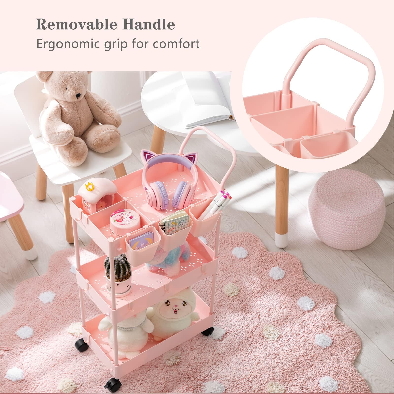 danpinera 3-Tier storage trolley, storage trolley on wheels, beauty trolley with Dividers & Hooks & Hanging Cups, kitchen trolley