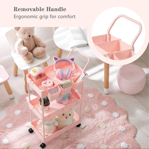 danpinera 3-Tier storage trolley, storage trolley on wheels, beauty trolley with Dividers & Hooks & Hanging Cups, kitchen trolley