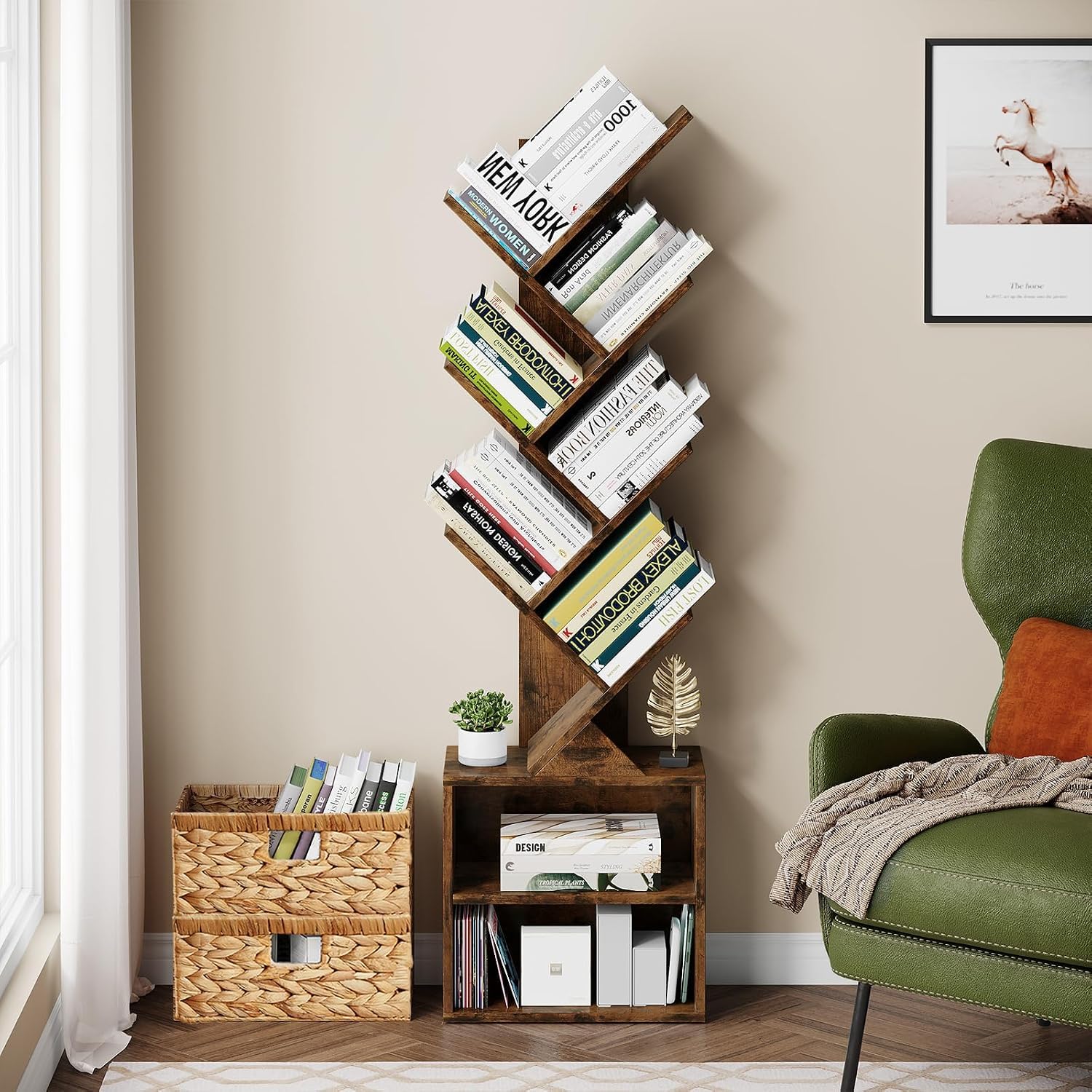 Vagusicc 6 Tier Tree Bookshelf, Modern Floor Standing Bookcase with Storage Drawer, Space Saving Storage Organizer Book Shelves for Books