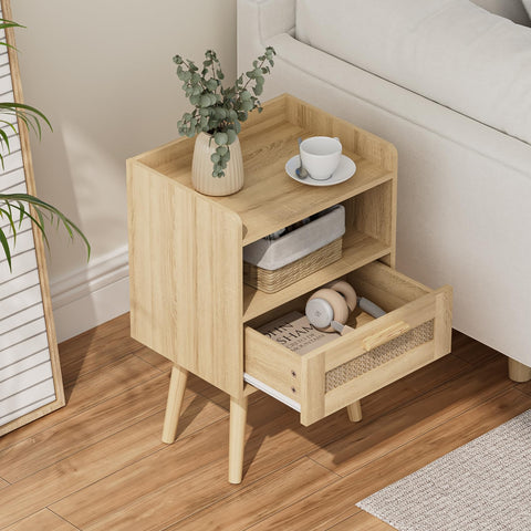HEYZOEY Bedside Tables,End Table,Rattan Bedside Tables, Side Table with Hand Made Rattan Decorated Drawers,Wood Accent Nightstand with Storage for