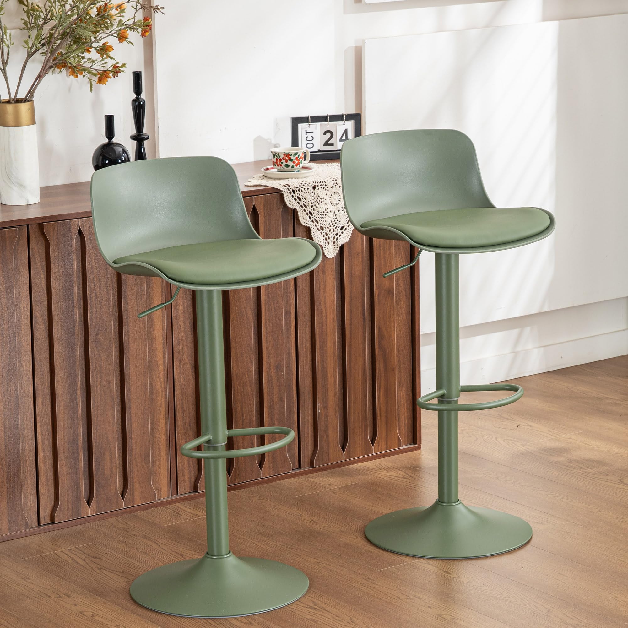 YOUNIKE Bar Stools Olive Set of 2 Modern PU Leather Counter Height Barstools, Sage Green Padded Adjustable Swivel High Chairs with Low Back for