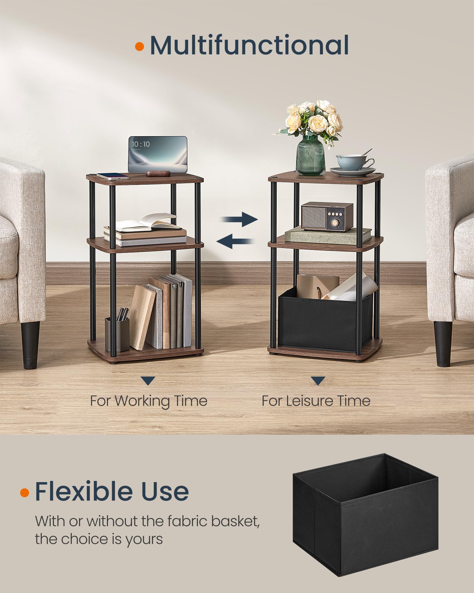 SONGMICS HOME Superfast Toolless Assembly, Side Table, 3-Tier Nightstand with Storage, Fabric Basket, for Bedroom Living Room, Steel Frame