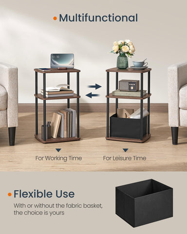 SONGMICS HOME Superfast Toolless Assembly, Side Table, 3-Tier Nightstand with Storage, Fabric Basket, for Bedroom Living Room, Steel Frame