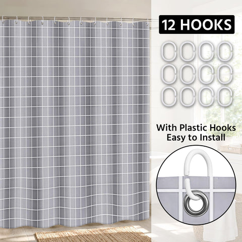 FAVORTALK Shower Curtain Grey Checkered Waterproof 180x180 cm Polyester Bathroom Curtain Grid Thick Duty Bath Curtains with 12 Hooks Resistant