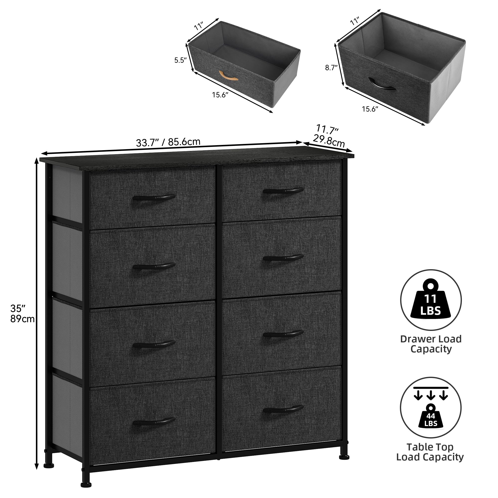 DWVO Chest of Drawers,Fabric Chest of Drawers Bedroom Cabinet with 8 Drawers,Dresser for Bedroom,Living Room With Handles,Wood Top and Sturdy Steel