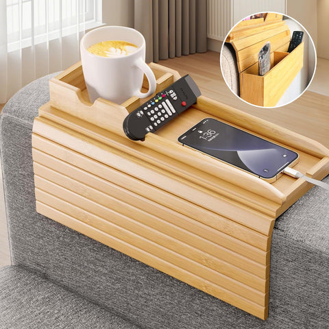 Sofa Arm Tray, cupeohome Foldable Anti-Slip Wooden Couch Armrest Tray with Side Storage Pocket and Phone Holder, Square Sofa Armrest Table for Drinks