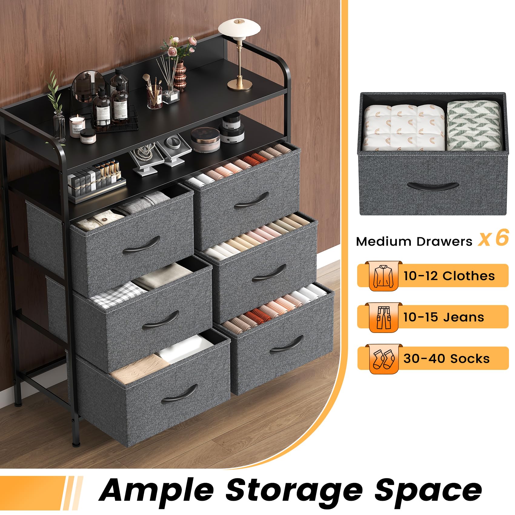 GoaHi Chest of Drawers, Dresser for Bedroom with 6 Fabric Drawers, Tall Storage Organizer Unit with 2 Layers Shelf for Bedrooms,Living Rooms