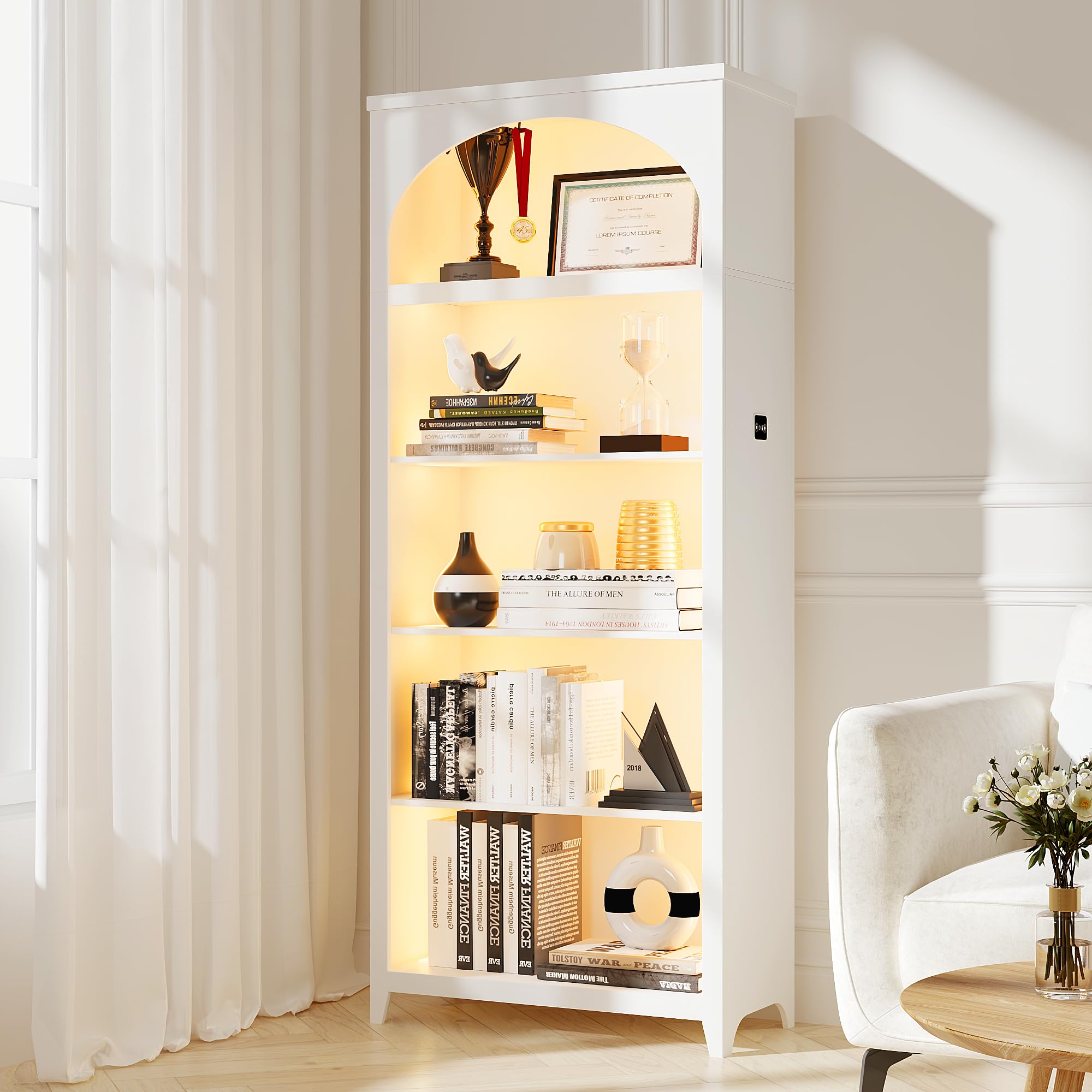 FREDEES Arched Bookcase with LED Lights, 175CM Tall, White