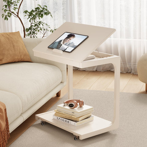AQIMUELE Wooden C-Shaped End Table,Couch Table with Adjustable Desktop,Small Rolling Side Table with 2 Lockable Wheels 60 Width,Small End Table for