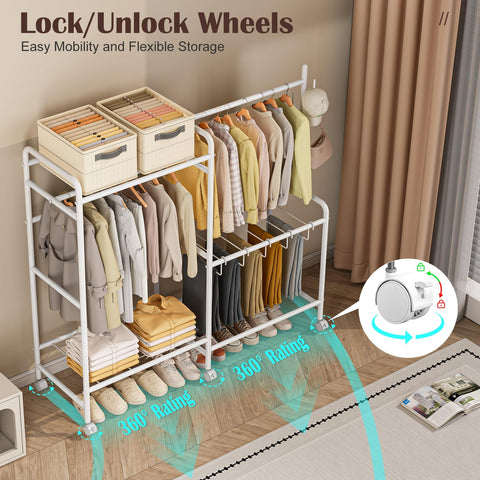 Casavibe Heavy Duty Clothes Rail with Wheels, 125KG Metal Clothing Rack with Trouser Rack, Top Shelf, 4 Hooks & 5 Trouser Hangers