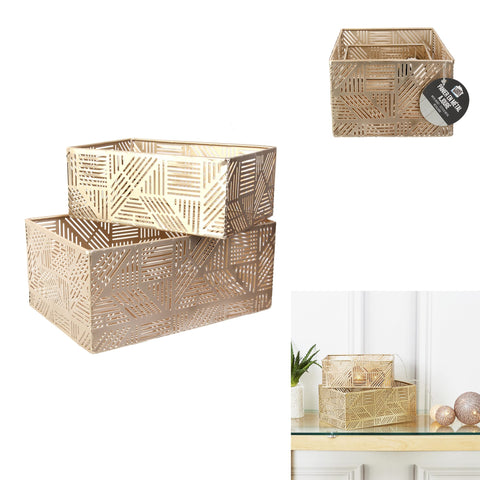 HOME DECO FACTORY - Rg6250 – 2 x Gold Striped Metal Basket Decorative Storage Basket Pot Cover