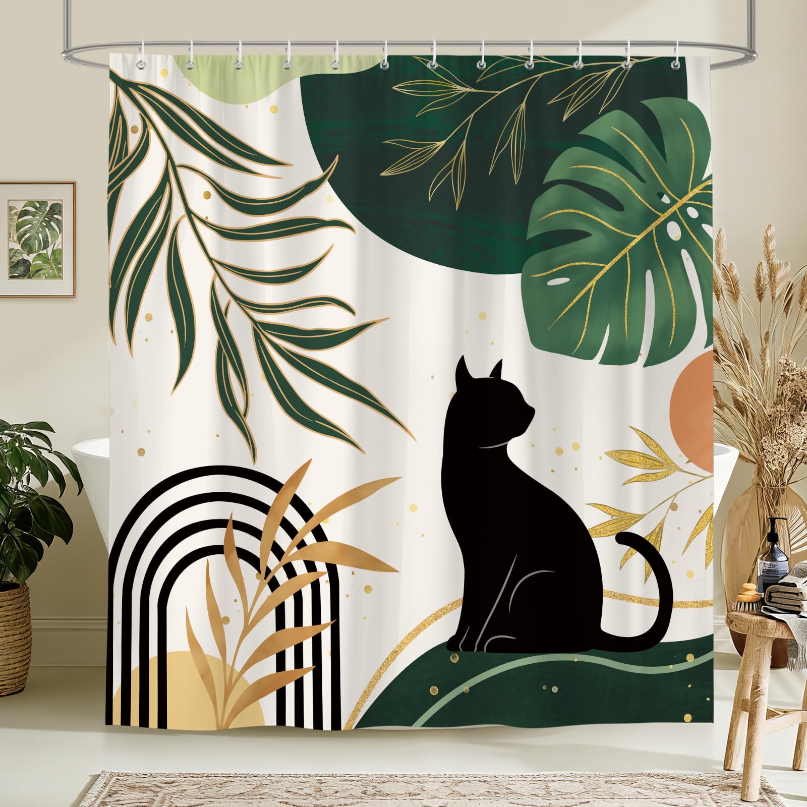 hometrixx Boho Black Cat Palm Leaf Sun Shower Curtain Green 72X78Inch