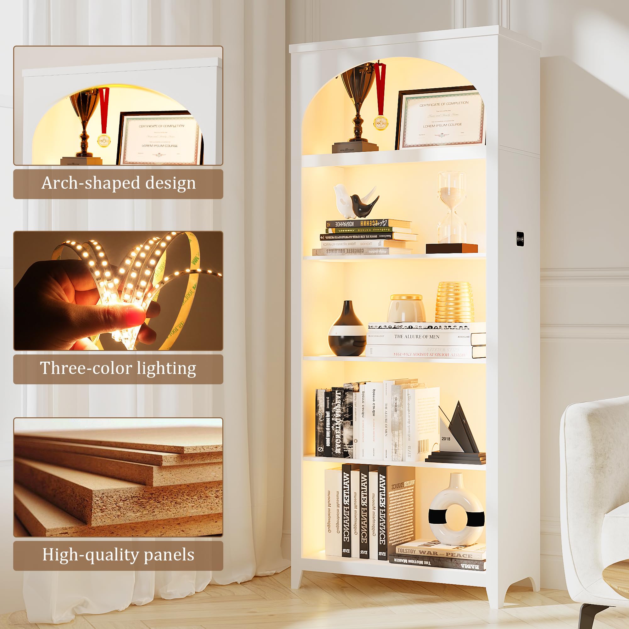 FREDEES Arched Bookcase with LED Lights, 175CM Tall, White