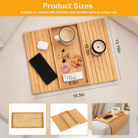 Sythrix Bamboo Sofa Arm Tray, Foldable Couch Armchair Tray, Sofa Arm Table, Sofa Armrest Tray