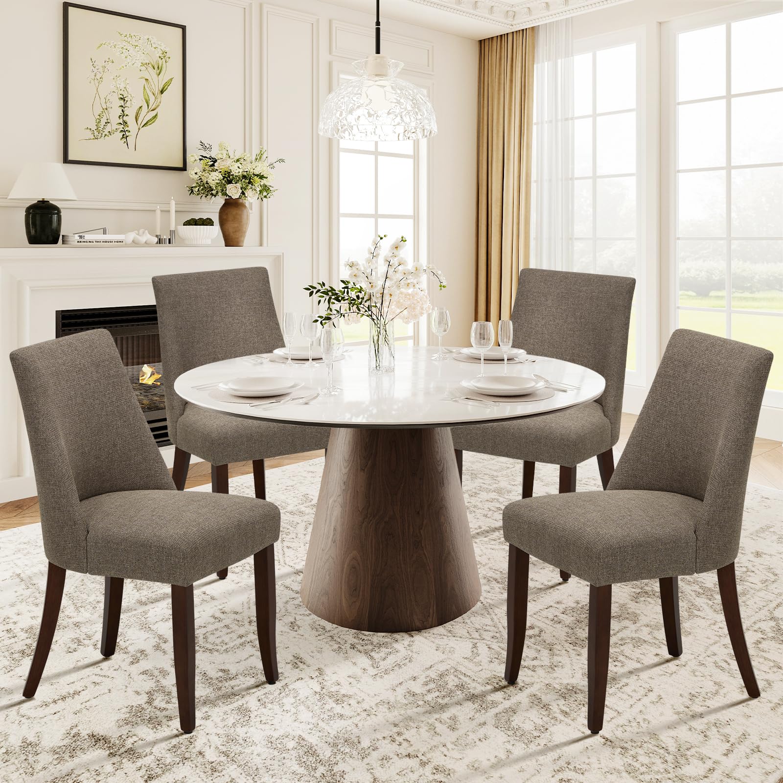 COLAMY Upholstered Dining Chairs Set of 4, Linen Fabric Parsons Dining Room Chairs with Curved Backrest, Solid Rubber Wood Legs