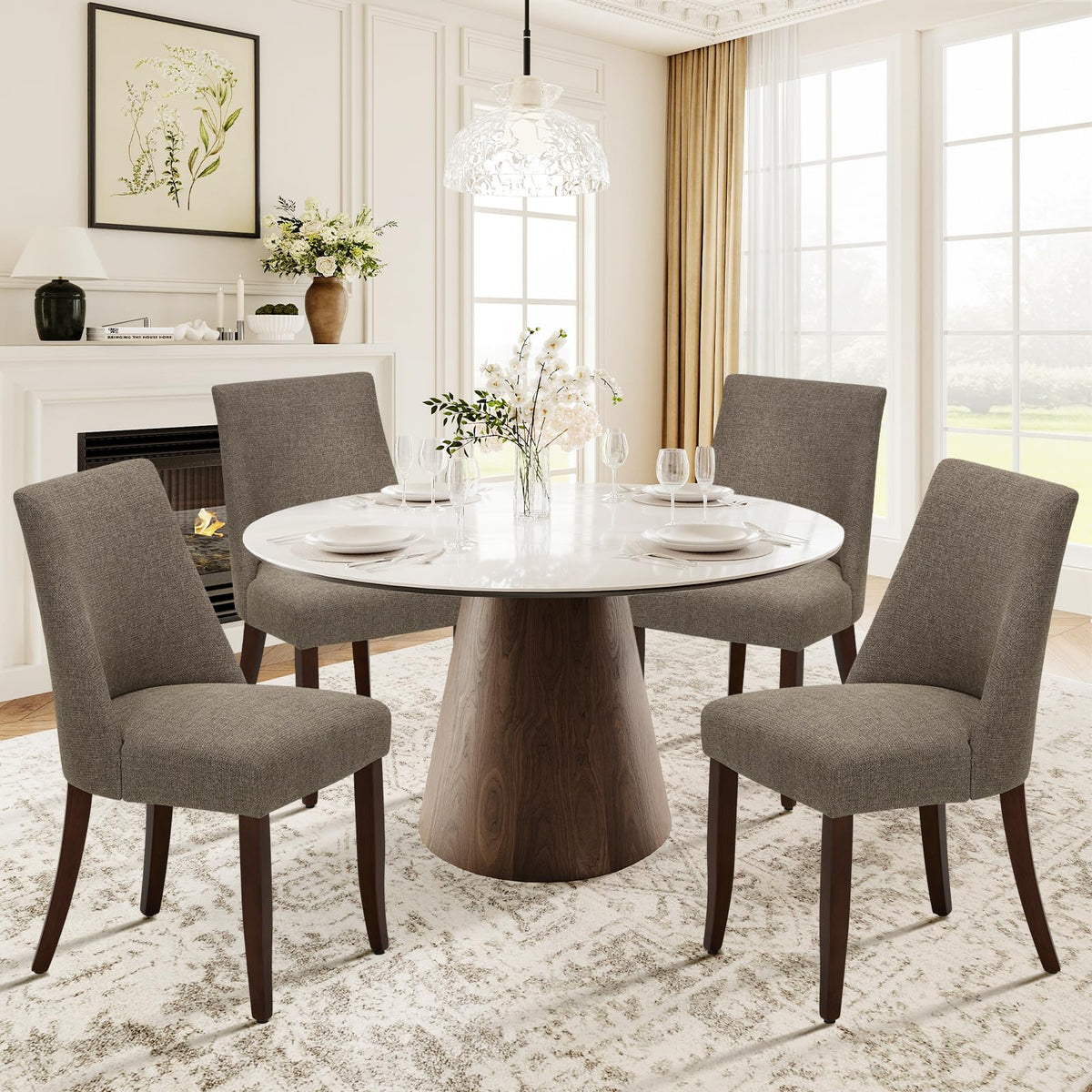 COLAMY Upholstered Dining Chairs Set of 4, Linen Fabric Parsons Dining Room Chairs with Curved Backrest, Solid Rubber Wood Legs